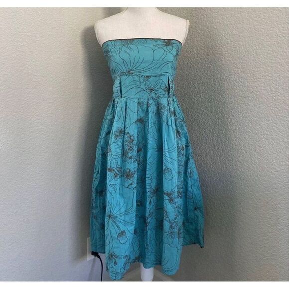 Yak n Yeti Los Angeles Blue Floral Pleated Strapless Dress Size Large - Picture 1 of 8